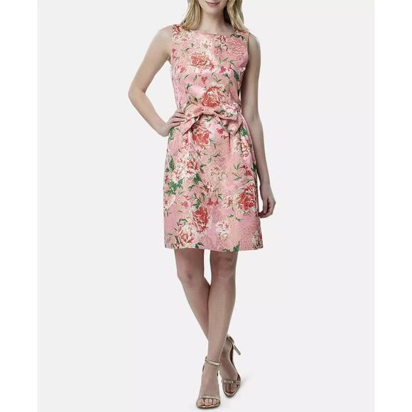 Tahari by ASL Women's Pink Floral Print Metallic Bow Fit & Flare Dress Size 2 - Picture 1 of 7